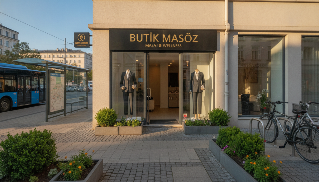A modern and inviting exterior of a massage salon named "Butik Masöz" nestled in a bustling urban environment. The foreground features the salon's entrance, a large glass door with elegant signage. In the middle ground, mannequins display professional business attire, suggesting a welcoming atmosphere for clients. Surrounding the salon, well-paved pathways and small greenery accentuate accessibility, while public transportation options like a bus stop and bike racks are visible nearby. The background showcases a sunny, blue sky, enhancing the mood of relaxation and ease of access. The scene is illuminated by soft, natural light, captured from a slightly elevated angle to highlight the inviting entrance and surrounding amenities, creating a calm and approachable atmosphere.