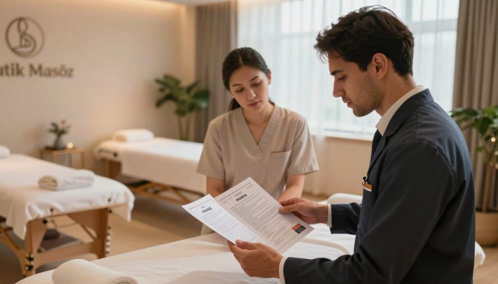 A modern spa setting featuring two professional massage therapists, one male and one female, engaged in a training session focused on the difference between "masaj" and "masöz." The foreground highlights the therapists in professional business attire, reviewing detailed training materials that showcase certification aspects. In the middle, include a warm, inviting massage therapy room with massage tables, soft lighting creating a calming ambience, and plants for a touch of nature. The background displays a large window with soft, natural light filtering in, further enhancing the serene atmosphere. The logo of "Butik Masöz" is subtly incorporated into the decor. The overall mood is educational and professional, emphasizing quality and expertise in massage therapy.