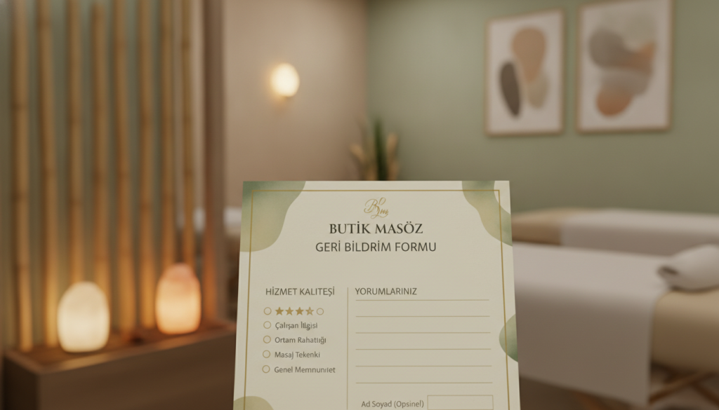 A professional and elegant "masaj salonu geri bildirim formu" for "Butik Masöz", placed prominently in the foreground. The form is neatly designed with sections for rating and comments, written in clear, legible typography. In the middle, a serene massage salon setting features soft lighting, bamboo decor, and calming colors to evoke tranquility. In the background, the blurred outlines of massage tables and soothing wall art create an inviting atmosphere. The mood is peaceful and reflective, with warm, diffused light casting gentle shadows, suggesting relaxation and comfort. The focus is on the feedback form, ensuring all elements work harmoniously to illustrate the importance of post-massage feedback in a professional massage environment.