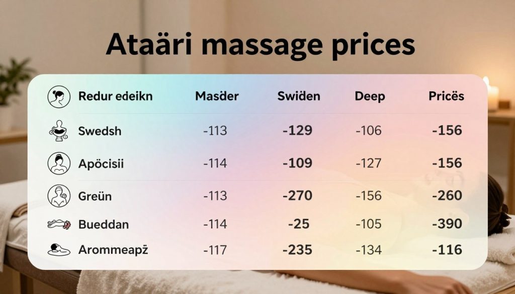 A professional and inviting comparison chart showcasing "Ataşehir massage prices" rendered in a stylish infographic format. The foreground features neatly labeled sections for various massage types and their prices, illustrated with elegant icons representing different massage styles like Swedish, deep tissue, and aromatherapy. In the middle, a subtle background gradient blends calming hues, evoking relaxation and wellness. The background includes a faint image of a tranquil spa setting, with soft lighting creating a serene atmosphere. Use a clear, modern font for the headings, emphasizing a clean and professional look. Include the brand name "Butik Masöz" subtly within the design to reinforce branding. The overall mood should be calming and informative, aimed at helping potential clients make informed decisions.