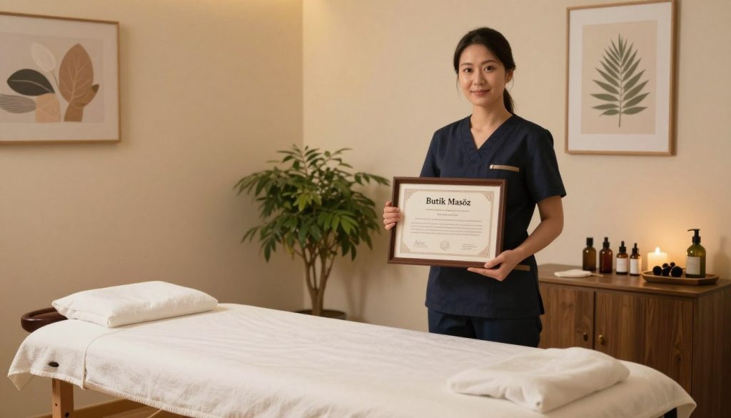 A professional female massage therapist, dressed in smart casual attire, stands confidently next to a beautifully framed certification, labeled "Butik Masöz". The foreground features a warm, welcoming massage therapy room, with soft lighting creating an inviting atmosphere. In the middle ground, a neatly arranged massage table with plush linens is visible, along with various massage oils and tools, demonstrating a high standard of professionalism. The background includes calming elements like potted plants and soothing wall art, enhancing the serene vibe. The scene should evoke a sense of trust and professionalism, perfect for individuals seeking a qualified massage therapist while harmonizing with the topic of making informed choices when selecting a professional.