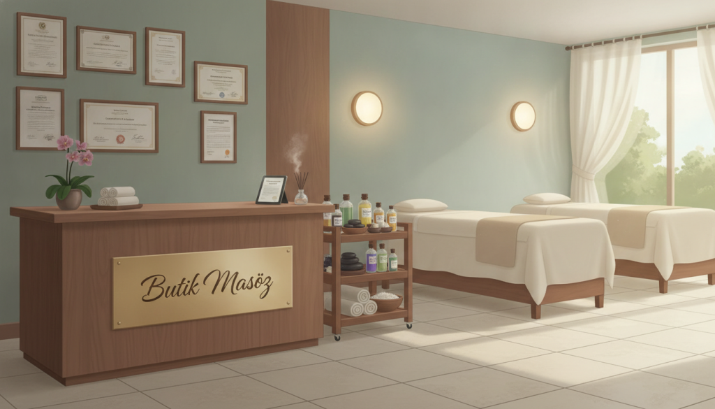 A professional massage salon certification standards illustration, featuring a serene and organized spa interior. In the foreground, a tasteful display of "Butik Masöz" branding on a reception desk, complete with framed certification documents highlighting professional qualifications and standards. The middle ground showcases neatly arranged massage tools and oils, alluding to the salon's commitment to quality. The background reveals calming lighting from soft wall sconces, with plush massage tables set in a soothing, natural ambiance. Using a wide-angle lens, the image captures a sense of tranquility and professionalism. The overall mood is inviting and calm, emphasizing the importance of certification and expertise in the massage industry.