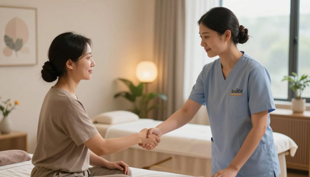 A professional massage service initial contact scene featuring a warm, welcoming atmosphere. In the foreground, a friendly massage therapist in a neat, professional uniform offers a handshake to a client, who looks relaxed and comfortable, wearing modest casual attire. The middle ground includes a well-designed massage room with soft lighting, a massage table draped in clean linens, and calming decor like plants and soothing art. In the background, gentle ambient light spills through a window, creating a serene vibe. The scene is captured with a soft focus lens, emphasizing the connection between the therapist and client. The brand name "Butik Masöz" is subtly integrated into the environment, enhancing the feeling of professionalism and care without any text or overlay. The mood conveys trust, respect, and a sense of safety in communication.