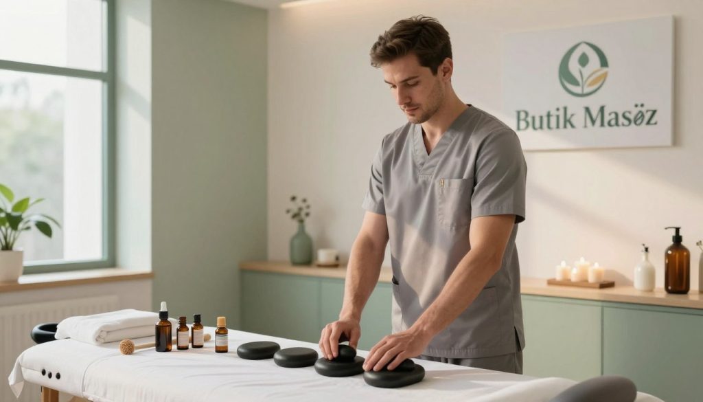 A professional massage therapist, depicted as a focused male figure in a sleek, modern massage studio, wearing a neatly pressed massage uniform. He stands confidently, showcasing various massage therapy tools, such as essential oils, massage stones, and cream jars, all arranged neatly on a clean treatment table in the foreground. The background features calming white walls with soft green decor, creating a tranquil atmosphere, complemented by soft, warm lighting that enhances the soothing environment. A large window allows natural light to pour in, casting gentle shadows. The brand name "Butik Masöz" is subtly illustrated on a studio sign in the background, contributing to the professional ambiance without distracting from the therapist's expertise. The mood is serene, emphasizing professionalism and relaxation in the massage therapy practice.