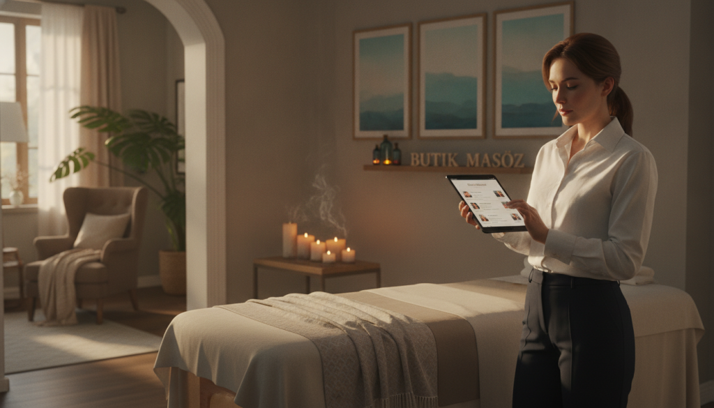A professional massage therapist evaluating their options in a serene, inviting home environment. In the foreground, a well-dressed therapist, wearing a crisp white shirt and dark slacks, holds a tablet displaying massage service options, their expression focused and thoughtful. In the middle ground, a softly lit room exudes calmness, with a massage table prepared with fresh linens, aromatic candles softly glowing, and calming artwork on the walls. In the background, hints of a cozy living space, like a comfortable corner chair and houseplants, contribute to the atmosphere. The lighting is warm and natural, suggesting a late afternoon ambiance. The image reflects a sense of professionalism, care, and attention to detail, featuring the brand name "Butik Masöz" subtly integrated into the room's decor.
