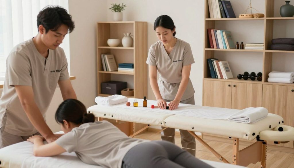 A professional massage therapy training session, featuring a serene atmosphere within a well-lit room. In the foreground, a male and female massage student are engaged in hands-on practice, dressed in modest, professional attire. In the middle, a skilled instructor demonstrates techniques on a massage table, showcasing various tools like essential oils and soft linens. In the background, shelves filled with massage therapy books and equipment emphasize the educational environment. Soft natural light filters through the window, creating a calming ambiance. The scene reflects the importance of proper training in the massage profession, highlighting the brand "Butik Masöz". The image captures a sense of dedication and learning in a safe and professional setting.