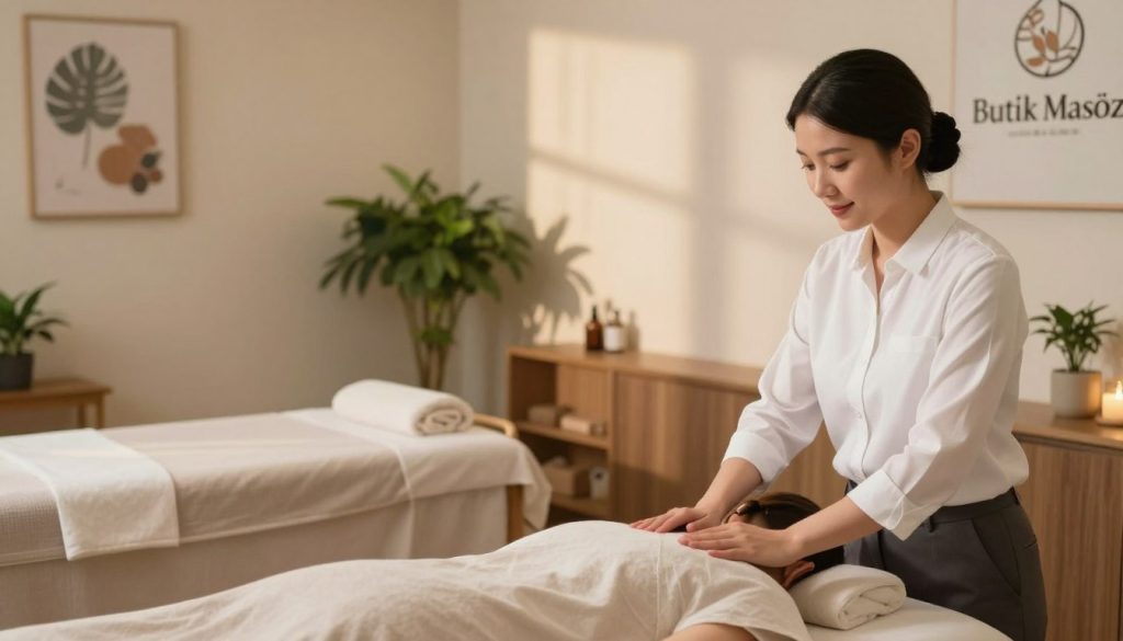 A professional setting showcasing a serene and inviting massage therapy studio named "Butik Masöz." In the foreground, a friendly, well-dressed massage therapist, dressed in a crisp white shirt and smart trousers, is engaging with a client, demonstrating effective communication and initial consultation. In the middle, a comfortable massage table adorned with soft, calming linens and ambient lighting creates a tranquil atmosphere. The background features soothing décor, such as soft green plants and tasteful artwork reflecting relaxation themes. Warm, natural lighting filters through a window, casting gentle shadows. The overall mood is professional, welcoming, and peaceful, emphasizing the importance of communication and first impressions in the massage selection process.