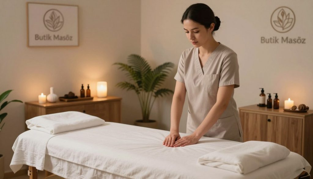 A serene and calming massage preparation scene in a cozy, professional massage therapy room. In the foreground, a well-organized massage table adorned with fresh linens and aromatherapy oils. A massage therapist, a woman in modest professional attire, is setting up the room with care, showing focus and expertise. In the middle ground, soft lighting creates a warm and inviting ambiance, highlighting essential massage tools and a tranquil atmosphere. The background features soothing elements like indoor plants and light-colored walls, enhancing the sense of relaxation. The logo "Butik Masöz" can subtly blend into the design without being the focus. The overall mood should embody professionalism and tranquility, encouraging a peaceful pre-massage preparation.