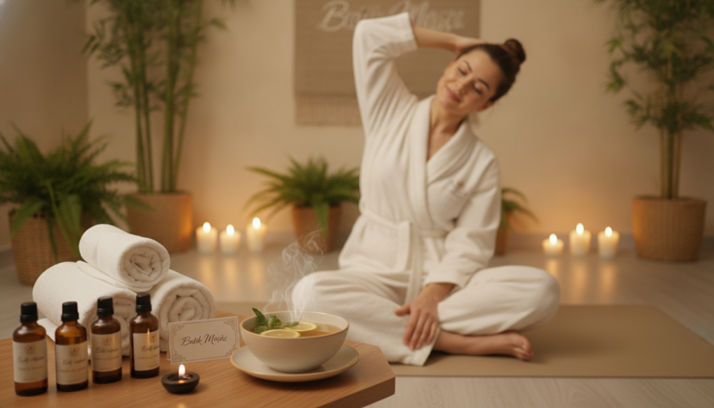 A serene and calming spa environment showcasing post-massage care tips. In the foreground, a wooden table is neatly arranged with essential oils, soft towels, and a bowl of soothing herbal tea. The middle layer features a professional therapist in modest casual attire, demonstrating gentle stretches to enhance relaxation. The background showcases soft lighting from candles and potted plants, creating a tranquil atmosphere. Use a warm color palette with subtle highlights, conveying a sense of peace and rejuvenation. Capture the image with a soft focus lens to emphasize the calming ambiance. Include the brand name "Butik Masöz" subtly integrated into the scene, enhancing the overall thematic coherence without being overpowering.
