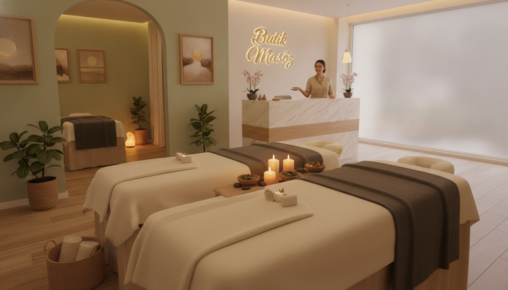 A serene and elegant interior of a massage salon, featuring a bright, inviting reception area with soft ambient lighting. In the foreground, a cozy massage table set for both individual and couple treatments, adorned with plush towels and aromatic candles. The middle ground showcases a tranquil massage room with soft colors and soothing decor, including artwork and plants that enhance relaxation. In the background, a professional staff member in modest, professional attire stands ready to assist clients, embodying a welcoming and experienced demeanor. The overall atmosphere should evoke tranquility and comfort, ideal for those seeking personal or couple massage packages at "Butik Masöz." The lighting should be soft and warm, creating an inviting space. Use a slightly elevated angle to capture the entirety of the relaxing environment.