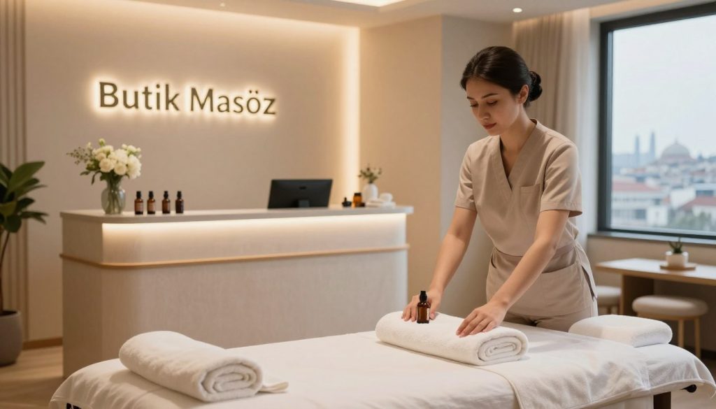 A serene and elegant interior of a massage therapy room named "Butik Masöz". In the foreground, a professional female therapist in modest business attire is arranging plush towels and essential oils on a neatly prepared massage table. In the middle, a stylish reception desk with soft lighting, decorated with fresh flowers and calming decor, creating an inviting atmosphere. The background features warm neutral tones on the walls, with soft ambient lighting illuminating the space, enhancing the relaxing vibe. A large window shows a glimpse of Istanbul’s skyline, suggesting a connection to the city. The scene conveys a tranquil and professional ambiance, emphasizing the appointment process in a high-quality spa environment.