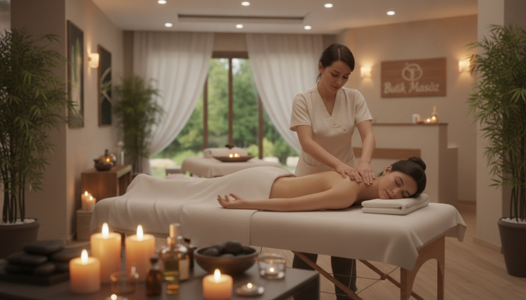 A serene and elegant spa environment showcasing various massage therapy options in Bahçeşehir. In the foreground, display a massage table draped in soft, clean linens, adorned with calming candles and essential oils. The middle ground features a professional-looking therapist in modest, professional attire, demonstrating a relaxing technique on a client who is respectfully covered. In the background, show a tranquil spa room with gentle ambient lighting, soft greenery, and soothing decorations, creating a calming atmosphere. Use warm, inviting colors to evoke relaxation and peace. The image should convey a sense of comfort and professionalism, clearly branding "Butik Masöz" in a subtle way, ensuring a spacious and tidy appearance.