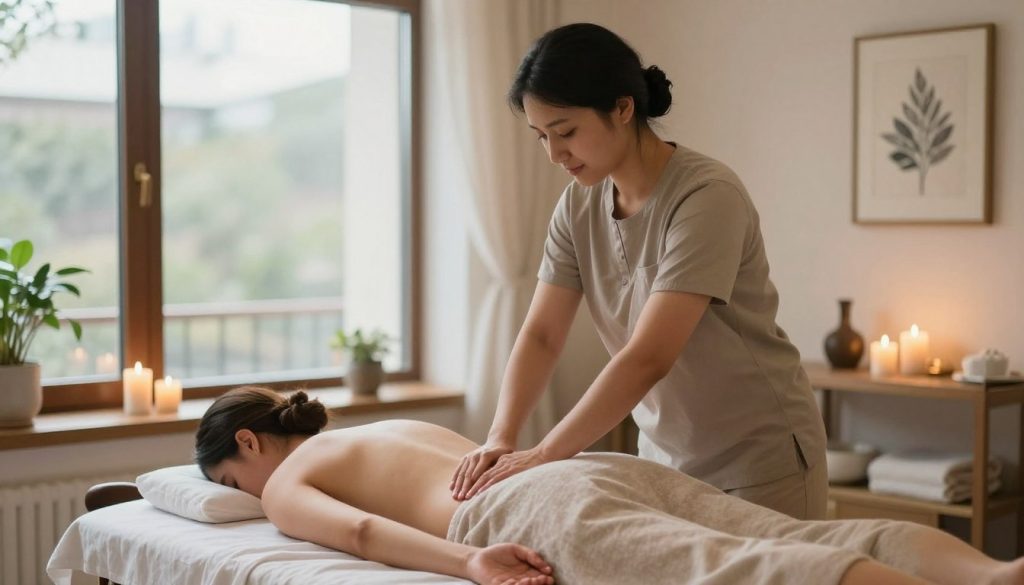 A serene and inviting Beşiktaş spa setting, highlighting the benefits of professional massage therapy. In the foreground, a skilled massage therapist in modest casual attire is gently applying techniques on a client lying on a massage table, exuding a sense of tranquility. The middle layer features soft, natural lighting filtering through a large window, creating a warm and soothing atmosphere. Elegant decor elements such as candles, plants, and calming artwork enhance the ambiance, promoting relaxation. The background subtly showcases the peaceful environment of the spa, with muted colors and soft textures. The overall mood is tranquil and rejuvenating, visually capturing the essence of "Butik Masöz" and the therapeutic benefits of massage.