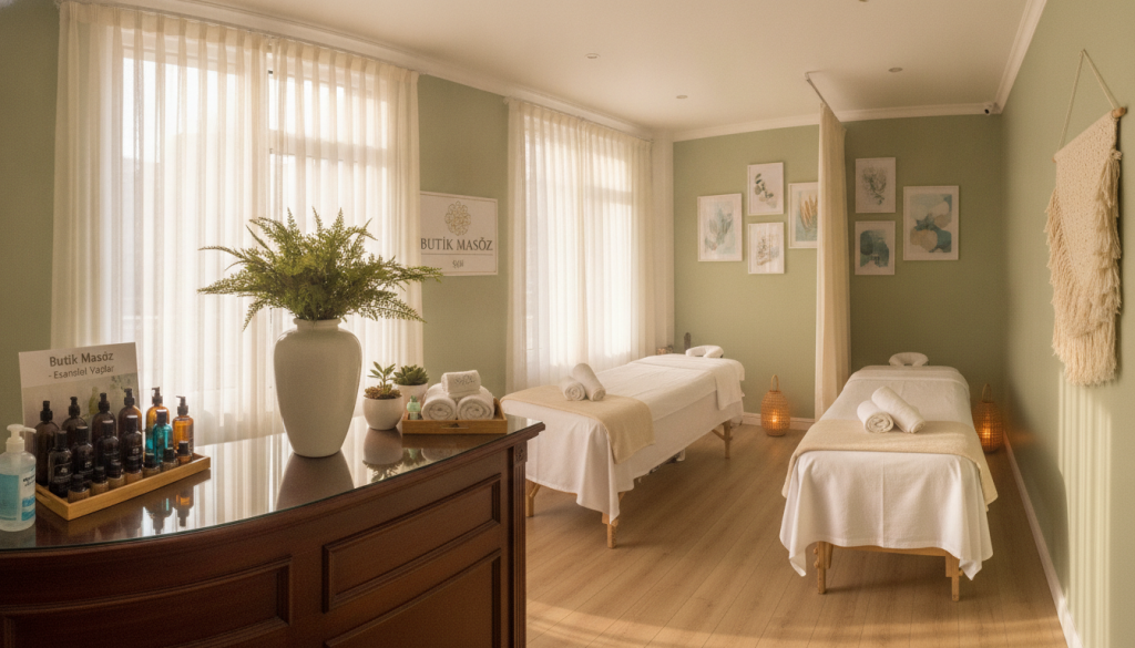 A serene and inviting ambiance of a massage salon named "Butik Masöz" located in Şişli. In the foreground, a well-organized reception area with a polished wooden desk, soft green plants, and a welcoming display of aromatherapy oils, emphasizing hygiene standards. In the middle, elegantly arranged massage rooms with neatly made massage tables, fresh linens, and soothing lighting creating a calm atmosphere. In the background, tasteful decor featuring calming artwork and soft textures, reflecting a commitment to cleanliness and comfort. The lighting is warm and natural, mimicking sunlight streaming in through large windows, creating a tranquil feel. The overall mood is peaceful and professional, ideal for relaxation and wellness.