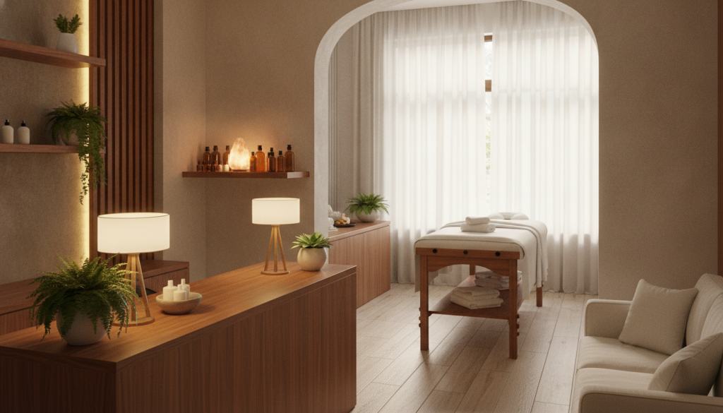 A serene and inviting atmosphere depicting a popular massage salon named "Butik Masöz" in Kadıköy. In the foreground, show a beautifully arranged reception area with warm wooden accents, soft lighting from stylish lamps, and calming plants. The middle layer features a massage room with a well-maintained massage table, accompanied by neatly folded towels and aromatic oils on a shelf, hinting at a tranquil oasis. In the background, soft, diffused natural light filters through sheer curtains, creating a peaceful ambiance. The overall mood is relaxing and rejuvenating, inviting patrons to unwind and experience serenity. Capture the essence of a welcoming wellness space without any human subjects, ensuring a professional and polished representation of the salon.