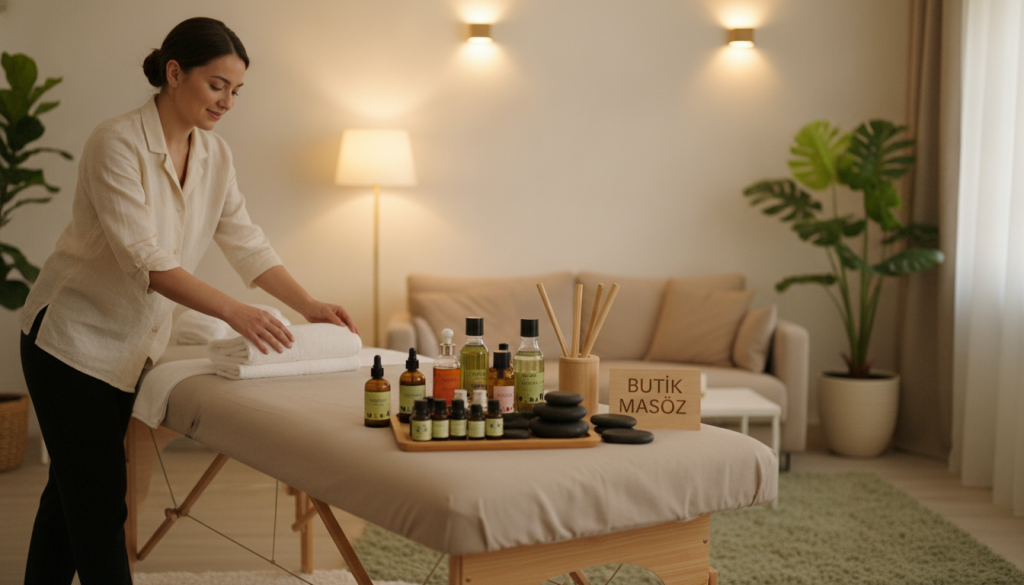 A serene and inviting home massage setting for various types of massage therapy. In the foreground, a professional massage therapist, dressed in smart casual attire, prepares a massage table adorned with soft, clean linens. The middle layer features a beautifully arranged selection of massage oils and tools, showcasing options for aromatherapy and deep tissue techniques. The background reveals a softly lit room, with warm, ambient lighting creating a calm atmosphere, and indoor plants enhancing the tranquility. A gentle, soothing color palette of earthy tones and subtle pastels adds to the relaxing vibe. The brand name "Butik Masöz" should subtly feature within the setting, emphasizing professionalism and comfort. The overall mood conveys relaxation and the thoughtful consideration of different massage types available in a home environment.