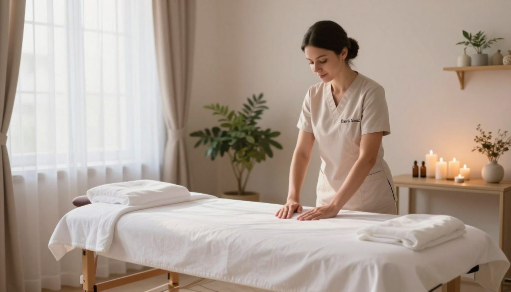 A serene and inviting home massage setting in Anadolu Yakası, showcasing a beautifully arranged room with soft pastel colors. In the foreground, a massage table is draped with white linens, surrounded by calming elements like candles and essential oils. A professional-looking therapist in modest, professional attire is preparing for a session, exuding warmth and confidence. In the middle ground, plants and gentle lighting create a peaceful atmosphere, while soft sunlight filters through sheer curtains, enhancing the inviting space. The background features subtle decorative elements, reflecting a calm and relaxing ambiance. The image conveys a sense of tranquility and professionalism, perfect for representing "Butik Masöz" services. Aim for a cozy and welcoming mood that emphasizes self-care and relaxation.