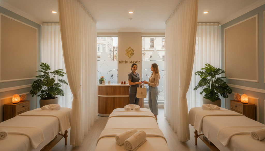 A serene and inviting image of a wellness center in Istanbul, showcasing "Butik Masöz." In the foreground, display elegant treatment rooms with soft lighting and calming decor, featuring plant life and plush massage tables. The middle layer should include a reception area with a friendly staff member in professional attire, engaging with a satisfied client. In the background, depict a tranquil ambiance, perhaps through frosted glass windows revealing hints of a bustling yet peaceful street outside. The lighting should be warm and soothing, creating a sense of relaxation and comfort. Emphasize a serene atmosphere that appeals to those seeking trusted local massage salons.