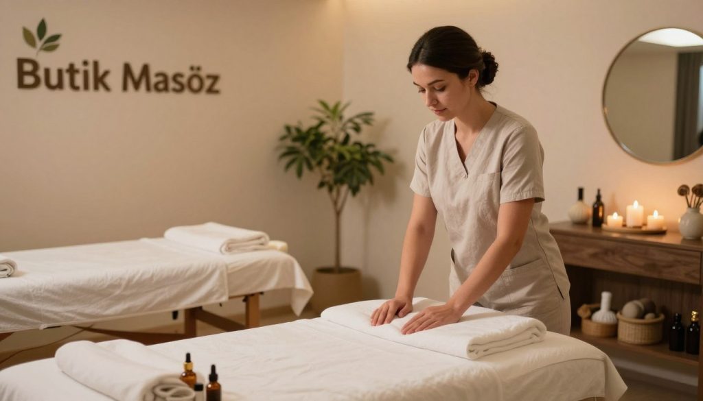 A serene and inviting interior of a massage salon, featuring a well-decorated and calming waiting area with soft ambient lighting. In the foreground, a professional massage therapist, dressed in modest casual attire, prepares a treatment table with fresh linens and soothing oils. The middle ground displays a variety of massage tools and candles, emphasizing the theme of relaxation and professional service. In the background, soft, warm lighting creates an atmosphere of tranquility, with plants and decorative elements enhancing the spa-like feel. The brand name "Butik Masöz" subtly integrates into the surroundings, suggesting professionalism and care. The image is shot from a slightly elevated angle to capture the entire scene while maintaining focus on the therapist's attentive demeanor.