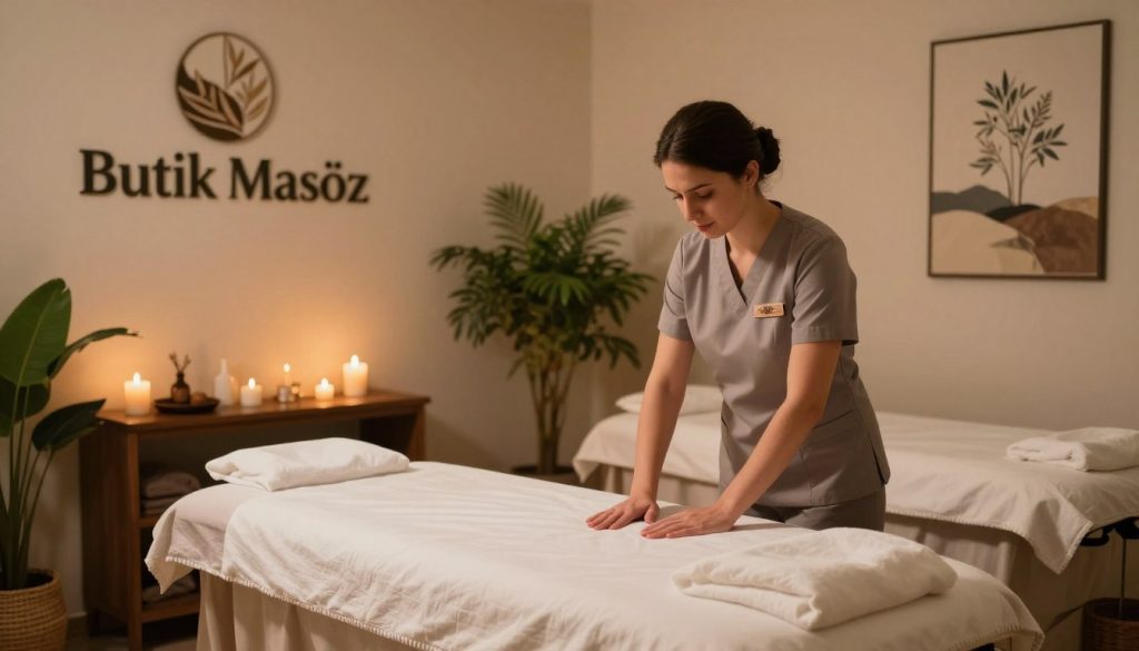 A serene and inviting interior of a massage salon in Istanbul, showcasing "Butik Masöz" as a focal point. In the foreground, a well-dressed massage therapist in professional attire prepares a massage table with soft, fresh linens. The middle ground features calming decor elements: soft glowing candles, lush indoor plants, and decorative artwork, creating a tranquil ambiance. The background reveals softly lit treatment rooms, enhancing the peaceful atmosphere. Perfectly balanced warm lighting casts gentle shadows, evoking a feeling of relaxation and comfort. The overall mood is serene and professional, ideal for guiding clients in choosing the right massage salon.