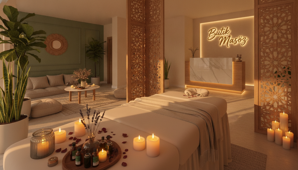 A serene and inviting interior of a massage salon in Istanbul, showcasing a calming atmosphere. In the foreground, a massage table draped in soft, neutral fabrics is surrounded by flickering candles and aromatic oils. The middle space features elegant wooden decor, soothing colors like light beige and soft emerald green, creating a tranquil ambiance. A small seating area with plush cushions invites relaxation, complemented by indoor plants that add a touch of nature. In the background, a softly illuminated reception area displays the brand name "Butik Masöz" on a tasteful sign. The lighting is warm and gentle, simulating a sunset glow, enhancing the peaceful mood. The angle captures the entire scene, focusing on the harmonious design that reflects comfort and luxury, ideal for a massage experience.