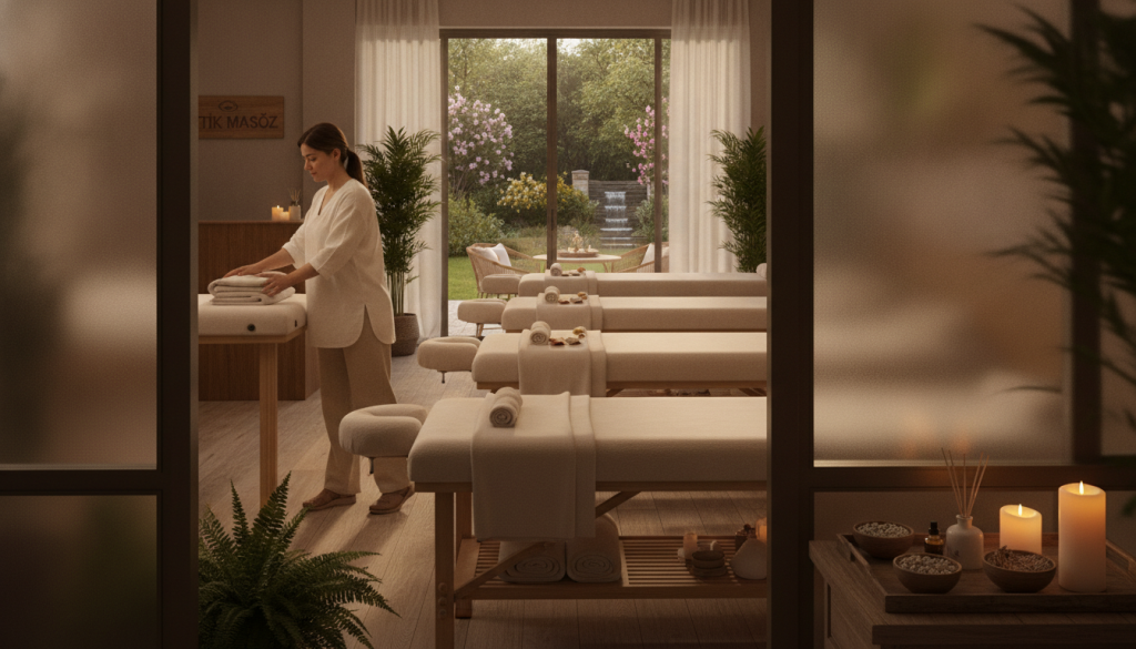 A serene and inviting interior of a massage salon named "Butik Masöz" in Beylikdüzü, featuring a well-appointed treatment room in the foreground. Soft, warm lighting creates a calming ambiance, with gentle shadows adding depth. The middle section showcases elegant massage tables adorned with plush linens, surrounded by aromatic candles and soothing plants for a relaxing atmosphere. In the background, large windows reveal a peaceful outdoor view with lush greenery, hinting at the salon's convenient location. The scene captures a professional masseuse, dressed in modest casual clothing, preparing the space, embodying a sense of expertise and tranquility. Overall, the mood is peaceful and welcoming, ideal for conveying comfort and well-being.