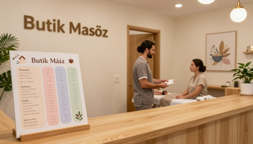 A serene and inviting interior of a massage salon named "Butik Masöz" in Pendik, reflecting a comforting atmosphere. In the foreground, a wooden reception desk showcases an elegant display of price comparison charts for various massage services, illustrated with soft pastel colors. The middle layer features a professional massage therapist in modest business attire, discussing options with a satisfied client beside a massage room door. The background displays tranquil decor elements such as plants and calming artwork, with soft, warm lighting creating a soothing ambiance. The perspective captures the inviting space from an angle that emphasizes the welcoming environment, highlighting the professionalism of the service offered.