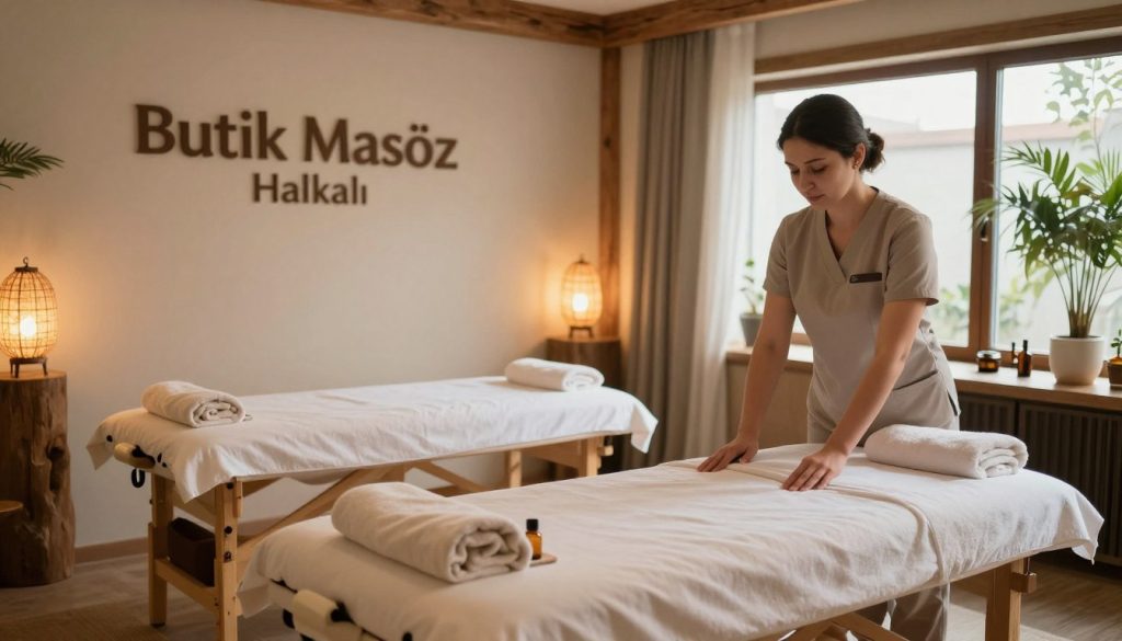 A serene and inviting interior of a massage salon named "Butik Masöz" located in Halkalı. In the foreground, a professional massage therapist in modest attire is preparing a treatment room, displaying luxurious massage tables, soft towels, and calming essential oils. The middle layer showcases a peaceful ambiance with warm, soft lighting emanating from decorative lamps, accentuating the rustic wooden elements and soothing, neutral color palette of the walls. In the background, large windows allow natural light to filter in, revealing plants that enhance the tranquility of the space. The overall atmosphere is relaxing and welcoming, designed to evoke a sense of calm and comfort for clients seeking massage therapy in Halkalı.