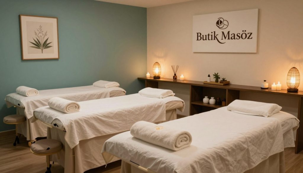 A serene and inviting interior of a professional massage salon in Istanbul, branded as "Butik Masöz". In the foreground, elegant massage tables with soft linens and plush towels are perfectly arranged. The middle ground features soothing decor, with calming wall colors and tasteful artwork related to wellness. Aromatherapy diffusers and scented candles create a tranquil atmosphere. In the background, soft lighting from decorative lamps casts a warm glow, enhancing the comfort of the space. The overall mood is peaceful and professional, ideal for relaxation. The image captures the essence of a high-quality massage environment, emphasizing attention to detail and customer care. A wide-angle shot offers a glimpse of the entire room, showcasing the layout and ambiance.