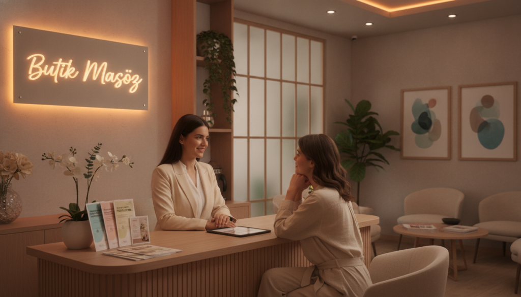 A serene and inviting interior of a spa reception area, showcasing a dedicated space for professional massage service appointments. In the foreground, a friendly receptionist, dressed in professional attire, is speaking with a client to assist with their reservation, highlighting the importance of attentive customer service. In the middle, a stylish desk displays brochures about massage techniques and safety tips for clients, with a subtle floral arrangement for added warmth. The background features calming lighting with soft, warm tones and tasteful decor, including soothing artwork and lush plants, creating a tranquil atmosphere. The overall mood is peaceful and professional, emphasizing trust and comfort, with the brand name "Butik Masöz" displayed gracefully on a sign at the reception. The image captures the essence of making safe and informed reservations for massage services.
