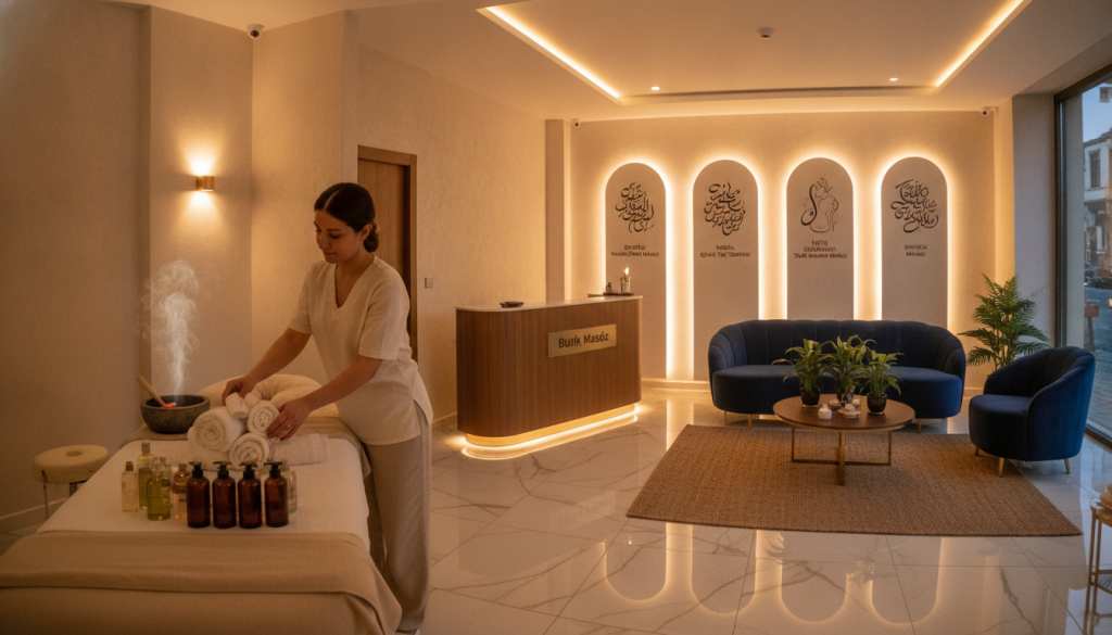A serene and inviting interior view of a massage center in Istanbul, showcasing a variety of massage therapy options organized by district. In the foreground, a professional therapist in modest, casual attire prepares a treatment area with soft towels and professional massage oils. The middle ground features a cozy, elegant reception area with tasteful décor, including calming plants and ambient lighting. In the background, there are signs displaying the various massage services offered, elegantly styled and organized. The atmosphere is tranquil and soothing, with warm lighting casting gentle shadows, suggesting relaxation and comfort. The branding "Butik Masöz" is subtly represented on the reception desk. Capture this image with a wide-angle lens to emphasize the inviting space while maintaining a warm and welcoming mood.