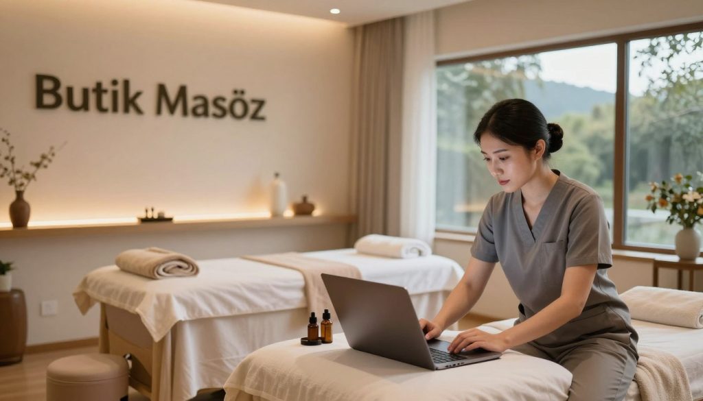 A serene and inviting massage center environment, showcasing the brand name "Butik Masöz" prominently in a stylish yet understated manner. In the foreground, a professional massage therapist in smart casual attire attentively researches online, surrounded by a laptop, massage oils, and calming décor. In the middle, a well-lit room featuring inviting massage tables, soft linens, and soothing ambient lighting enhances the relaxing atmosphere. The background includes a peaceful view of nature through large windows, creating an airy, tranquil space. The scene captures a sense of professionalism and warmth, perfect for illustrating the concept of online research in the context of finding the right massage therapist. The lighting is soft and inviting, evoking a calm and focused mood.