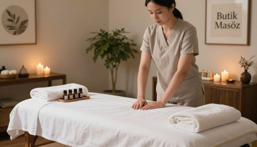 A serene and inviting massage preparation scene at a tranquil spa. In the foreground, a neatly arranged massage table with crisp white linens and soft towels. A set of essential oils and soothing candles are placed next to the table, exuding an atmosphere of relaxation. In the middle ground, a professional massage therapist in modest casual clothing prepares the space, demonstrating attention to detail in setup. In the background, soft lighting creates a warm ambiance, with green plants and calming artwork that enhance the Zen environment. The setting conveys professionalism and comfort, reflecting the essence of "Butik Masöz". The overall mood is peaceful and respectful, emphasizing the importance of safe and considerate communication before a massage service.