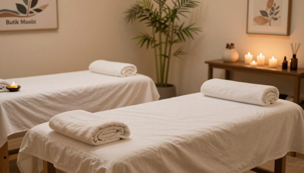 A serene and inviting massage preparation scene at a tranquil spa. In the foreground, a neatly arranged massage table draped with soft, clean linens, surrounded by soothing aromatherapy oils and candles, creating a calming ambiance. In the middle, a cozy setting featuring plush cushions and soft lighting that casts a warm glow, enhancing the peaceful vibe. In the background, gentle spa decorations like bamboo plants and calming artwork that evoke relaxation. The scene embodies the essence of pre-massage preparation with an emphasis on cleanliness and tranquility. The mood is serene and inviting, suggesting readiness for a rejuvenating experience. The brand name "Butik Masöz" subtly integrated within the overall atmosphere.