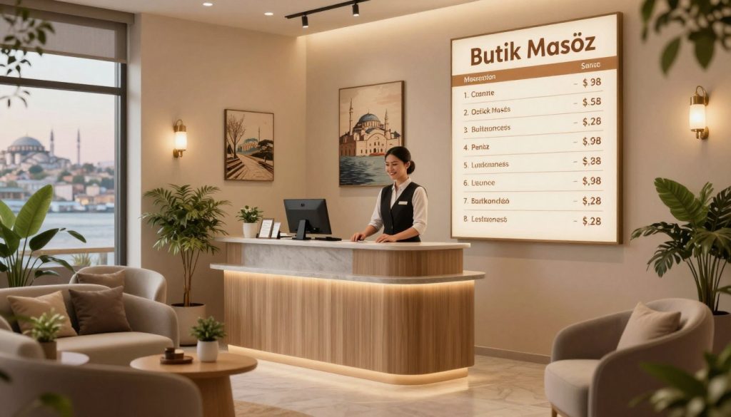 A serene and inviting massage salon in Istanbul, showcasing various locations with a visually appealing price chart displayed on the wall. In the foreground, a beautifully arranged waiting area with contemporary furniture, soothing plants, and soft ambient lighting. In the middle, a reception desk staffed by a well-dressed professional offering warm smiles and assistance. The background features calming colors and artworks inspired by Istanbul's rich culture, with subtle references to the city's skyline visible through large windows. The atmosphere is tranquil, inviting relaxation, and exploration, highlighting the concept of pricing variations based on location. Include the brand name "Butik Masöz" prominently in the scene. Use soft focus and warm lighting to evoke a comforting mood.