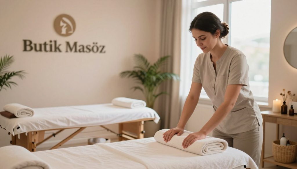A serene and inviting massage salon interior, showcasing "Butik Masöz" branding prominently. In the foreground, a professional and friendly massage therapist in modest casual attire is preparing the massage area, arranging soft towels and soothing essential oils. The middle ground features a comfortable massage table surrounded by calming decor, such as indoor plants and warm lighting. The background includes elegant wall art and soft, diffused light streaming in through large windows, creating a peaceful atmosphere. The color palette consists of soft earth tones and gentle pastels, evoking relaxation and tranquility. The overall mood conveys professionalism and warmth, enticing potential clients to experience the healing services offered in the Kartal region.