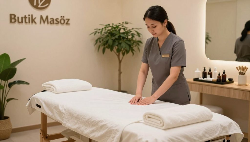A serene and inviting massage salon interior showcasing hygiene and safety standards. In the foreground, a massage table is neatly arranged with fresh, clean linens and towels, emphasizing a pristine environment. The middle ground features a calm therapist wearing professional business attire, carefully preparing the space, ensuring all tools and oils are organized and sanitized. In the background, soft lighting creates a tranquil ambiance, with greenery like potted plants enhancing the spa-like atmosphere. Gentle, warm colors dominate the decor, providing a soothing effect. The brand name "Butik Masöz" is subtly integrated into the design of the salon, creating a harmonious and professional setting that reflects high hygiene and safety standards in massage services.