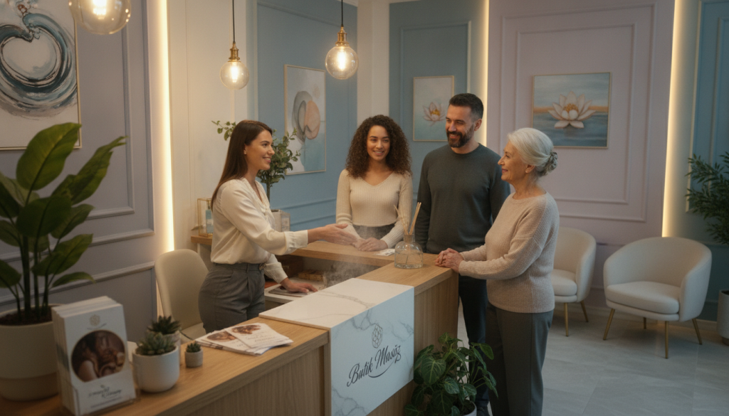 A serene and inviting massage salon reception area showcases quality customer service. In the foreground, a friendly receptionist in professional attire greets a diverse group of clients, with warm smiles and welcoming gestures. The middle ground features a beautifully designed reception desk adorned with promotional brochures for "Butik Masöz", surrounded by elegant plants and calming decor. The background reveals soft, ambient lighting that creates a tranquil atmosphere, with soothing colors and wall art depicting relaxation themes. The image is captured from a slightly elevated angle, enhancing the warmth and comfort of the space. Overall, the mood is professional yet inviting, ideal for portraying high-quality customer service in a massage salon.