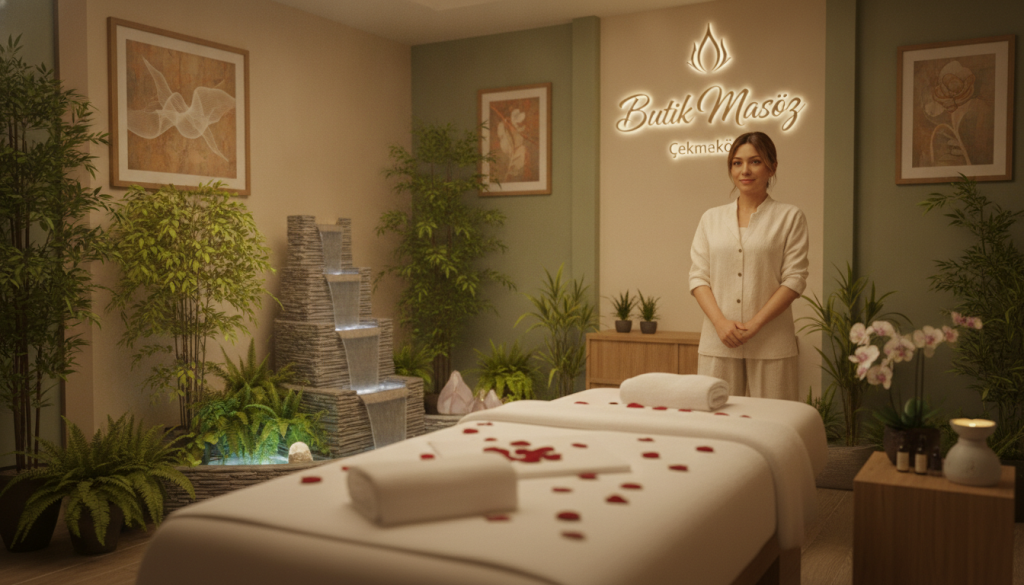 A serene and inviting massage salon setting in Çekmeköy, featuring soft, ambient lighting that casts a warm glow. In the foreground, a plush massage table is adorned with fluffy white towels and delicate flower petals, conveying relaxation. In the middle, a soothing waterfall feature trickles gently, surrounded by lush green plants that enhance the tranquil atmosphere. The background showcases elegantly decorated walls with calming artwork, all in soft earth tones. A professional massage therapist, dressed in modest casual attire, stands nearby, exuding warmth and professionalism. The scene captures the essence of relaxation, emphasizing the unique charm of Butik Masöz in Çekmeköy. The composition is well-balanced, with a slightly blurred background to focus on the inviting elements of the salon, creating a peaceful and rejuvenating mood.