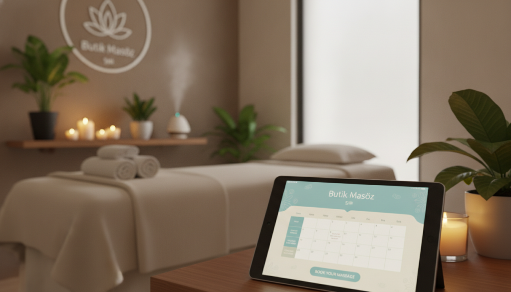 A serene and inviting massage therapy appointment system at "Butik Masöz" in Şişli, showcasing a warm and soothing atmosphere. In the foreground, a sleek digital tablet displaying a user-friendly appointment interface, highlighting easy booking options. The middle ground features a cozy massage room with soft, neutral tones, comfortable massage bed, aromatic candles, and calming decor. The background includes subtle hints of the salon's branding and serene plants. Soft, ambient lighting creates a relaxing glow, with a shallow depth of field focusing on the tablet while the surroundings blur gently. The overall mood is peaceful and inviting, ideal for clients seeking relaxation and ease in scheduling their sessions.