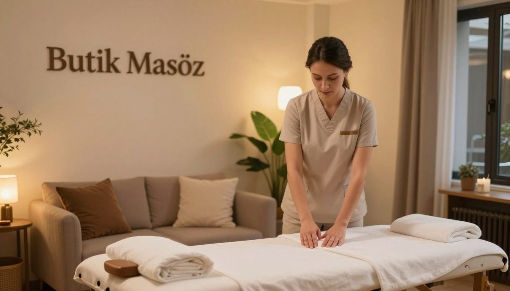 A serene and inviting massage therapy center named "Butik Masöz" in Kadıköy, featuring a calm and cozy atmosphere. In the foreground, a well-dressed professional therapist in modest attire is preparing a massage table, demonstrating an air of expertise and tranquility. The middle ground includes soft lighting that casts a warm glow over the room, accentuating calming earth tones and plush furnishings. In the background, calming elements like plant life and soft textures blend seamlessly, creating a peaceful retreat. The image captures a sense of professionalism and comfort, with an emphasis on the importance of selecting qualified therapists. The overall mood is soothing and welcoming, perfect for those seeking relaxation and healing in a dedicated wellness space.