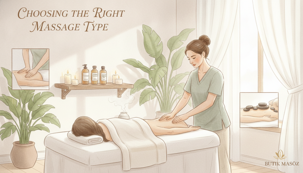 A serene and inviting massage therapy guide illustration titled "Choosing the Right Massage Type." The foreground showcases a tranquil spa environment with a comfortable massage table adorned with soft white linens. A professional therapist, dressed in a modest, casual outfit, stands beside the table demonstrating various massage techniques. In the middle ground, a selection of massage oils and relaxing candles is tastefully arranged on a wooden shelf. The background features lush green plants, creating a harmonious and calming atmosphere. Soft, warm lighting filters through sheer curtains, enhancing the soothing vibe. The brand name "Butik Masöz" is subtly integrated into the setting, contributing to the overall elegant feel of the image. The composition aims to evoke a sense of relaxation and peace.