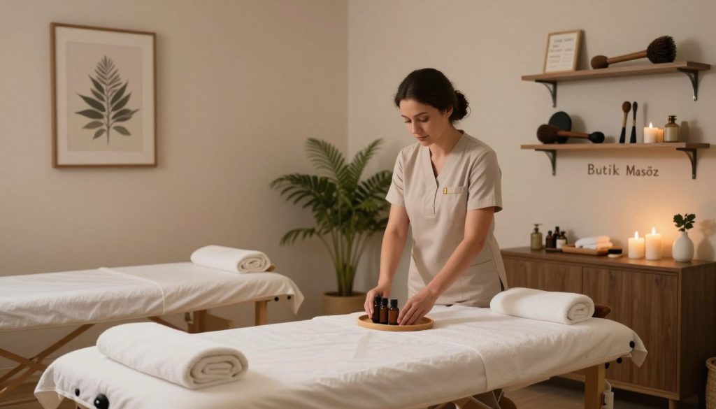 A serene and inviting massage therapy room featuring a comfortable massage table surrounded by calming decor. In the foreground, a professional massage therapist in modest, professional attire, attentively preparing essential oils and towels. The middle ground showcases soft lighting with warm tones, creating a tranquil atmosphere, while candles and soothing plants add a touch of nature. In the background, elegant wall art and a neatly organized shelf of massage tools and products labeled "Butik Masöz" enhance the professional environment. The overall mood is peaceful and relaxing, inviting individuals seeking massage therapy to feel comfortable and cared for, with an emphasis on the criteria important in choosing a therapist. A wide-angle lens captures the entire scene, emphasizing the serene ambiance.