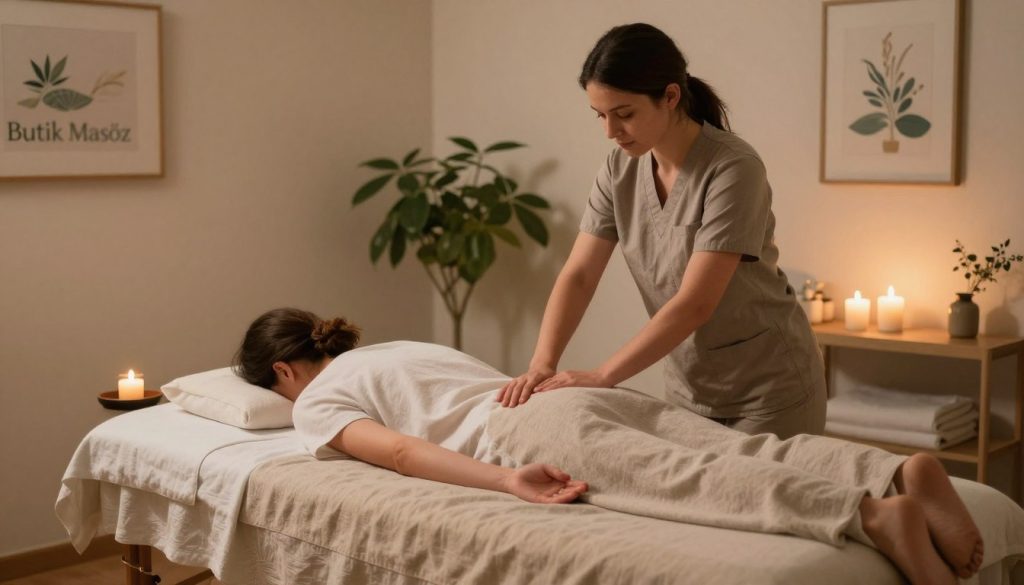 A serene and inviting massage therapy room, featuring a professional massage therapist in modest casual clothing, demonstrating a certification in massage therapy. The foreground showcases a calming massage table adorned with soft, neutral linens and aromatic candles casting a warm glow. In the middle ground, the therapist engages with a client, illustrating skills in a tranquil, professional manner. The background reveals gentle decorative elements, such as soft green plants and serene artwork, enhancing the atmosphere of relaxation and trust. Soft, diffused lighting sets a peaceful mood, while a camera angle captures the scene dynamically, emphasizing professionalism and care. Branding elements, subtly integrated, display "Butik Masöz" to convey a sense of quality and expertise in massage therapy.