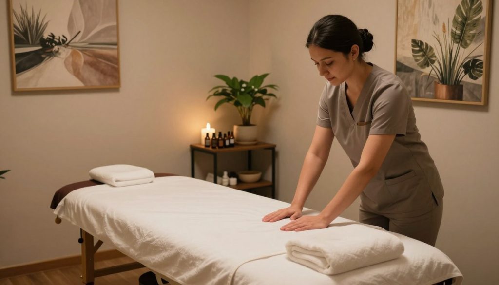 A serene and inviting massage therapy room, featuring soft ambient lighting that creates a calming atmosphere. In the foreground, a professional massage therapist in modest, professional attire is gently preparing a massage table adorned with fresh, clean linens, exuding a sense of professionalism and care. In the middle ground, essential oils and natural elements are artistically arranged on a nearby shelf, showcasing the relaxation-focused environment. The background reveals soothing artworks and greenery that enhance tranquility. The overall mood is peaceful and comforting, ideal for showcasing the expertise found at "Butik Masöz" in Bakırköy. The angle is slightly elevated, capturing both the intimacy of the space and the dedication of the therapist.