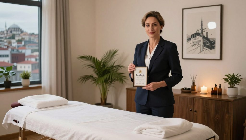 A serene and inviting massage therapy room in Istanbul, showcasing a professional massage therapist standing confidently, holding a certification badge labeled "Butik Masöz." The therapist, a middle-aged individual dressed in smart business attire, exudes professionalism. In the foreground, a massage table is elegantly set up with clean linens and calming aromatherapy oils beside it. The middle ground features soft ambient lighting that creates a tranquil atmosphere, with plants and soothing artwork adorning the walls. In the background, a window reveals a glimpse of the vibrant Istanbul cityscape. The overall mood should convey relaxation, trust, and professionalism, emphasizing the importance of certification when selecting a massage therapist.