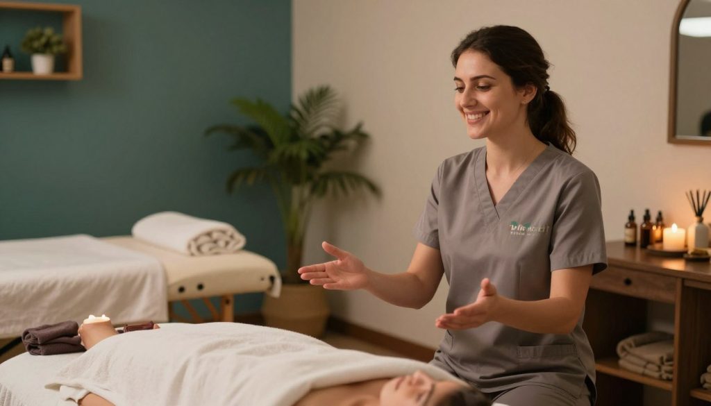 A serene and inviting massage therapy room in Kadıköy, featuring a professional and friendly massage therapist in modest, professional attire communicating with a client. The foreground captures the therapist's warm smile and open posture, conveying trust and professionalism. In the middle, display a comfortable massage table with soft linens, and a variety of essential oils and calming candles arranged on a nearby table. The background showcases soothing colors on the walls, with plants that contribute to a relaxing atmosphere. Soft, warm lighting creates a tranquil ambiance, enhancing the sense of peace and well-being. Include subtle branding for "Butik Masöz," emphasizing the local aspect. The overall mood is calm and reassuring, inviting readers to explore effective communication methods with massage therapists.