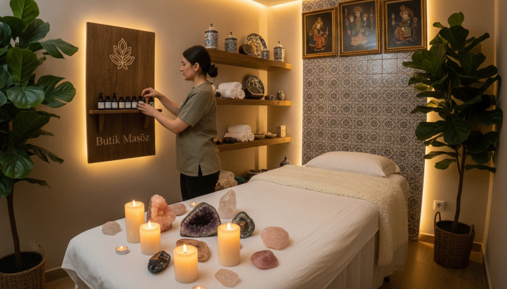 A serene and inviting massage therapy room located in Kadıköy, fully equipped for various massage types. In the foreground, a cozy massage table draped with soft white linens, surrounded by calming candles and healing crystals. In the middle, a professional massage therapist wearing modest, professional attire prepares essential oils on a wooden shelf, promoting a tranquil atmosphere. The background features soft, dimmed lighting with warm hues, lush indoor plants, and traditional Turkish artwork adorning the walls, creating a culturally rich ambiance. The brand name "Butik Masöz" is subtly included in the decor. The mood is peaceful and relaxing, inviting clients to explore the different massage options available in Kadıköy. The image is shot with a wide-angle lens from a slightly elevated angle, capturing the entire soothing environment.
