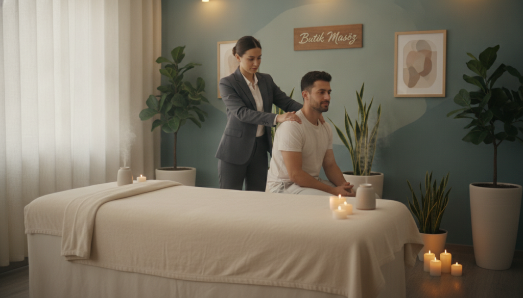 A serene and inviting massage therapy room showcasing "Butik Masöz". The foreground features a massage table draped in soft, neutral linens, accentuated by gently flickering candles and essential oil diffusers, creating a warm atmosphere. In the middle ground, a professional therapist, dressed in crisp business attire, is demonstrating a soothing technique on a client who is comfortably clothed, highlighting trust and professionalism. The background displays soft, calming colors with lush indoor plants and tasteful artwork, adding a soothing ambiance. The lighting is soft and diffused, coming from overhead fixtures and natural light filtering through sheer curtains. The overall mood is tranquil and rejuvenating, encapsulating high service quality and customer experience.