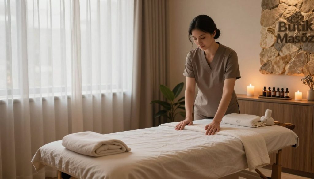 A serene and inviting massage therapy room, showcasing a calming atmosphere. In the foreground, a professional massage therapist, dressed in smart casual attire, prepares a massage table adorned with soft, neutral linens. The middle area features essential oils, massage tools, and a softly lit candle, creating a soothing ambiance. The background showcases gentle light filtering through sheer curtains, illuminating a stylish wall with natural elements, such as stone and wood, enhancing the tranquility of the space. Incorporate the brand name "Butik Masöz" subtly into the room's decor. The lighting should be warm and inviting, evoking a sense of relaxation and professionalism, suitable for a spa setting.